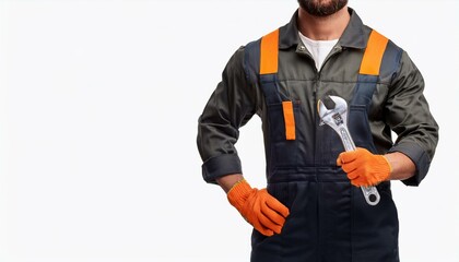 Mechanic with Wrench: Portrait of a skilled mechanic, showcasing his expertise and readiness for any repair job.  He confidently holds a wrench, symbolizing reliability and precision.