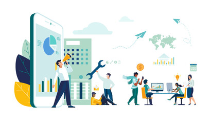 Vector illustration. Business, mobile app. A team of business people are negotiating a deal, working together  achieve success. Solving financial issues, the work of office. Ethnic, African American