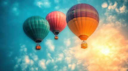 Obraz premium Colorful hot air balloons floating in sky during sunset, adventure travel concept, perfect for vacation, festival, celebration, outdoor activities, bright clouds, tranquil blue background, dreamy moo