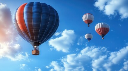Naklejka premium Colorful hot air balloons floating in blue sky with white clouds, adventure travel concept, summer vacation, outdoor activity, scenic landscape, bright sunny day perfect for tourism and exploration h