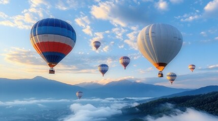 Fototapeta premium Martech saas Thumbnail Esg fintech heic Mlops Networking as a service Telegram channel Viator Internxt Dezgo Colorful hot air balloons floating above misty mountains at sunrise, adventure travel, out