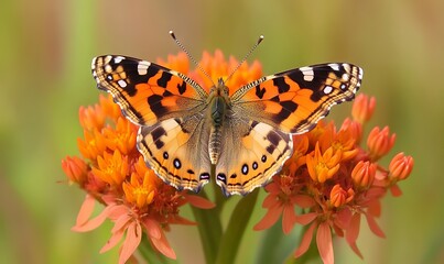 Obraz premium Painted Lady Butterfly on Orange Flower with Blurred Background, AI generated illustration