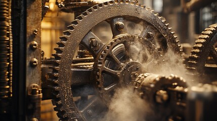 Close-up of large, intricate gears in a steam-powered machine, emitting steam.