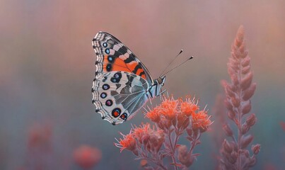 Obraz premium Painted Lady Butterfly on Orange Flower with Blurred Background, AI generated illustration
