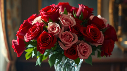 A luxurious bouquet of red and pink roses, accented with delicate foliage, in a crystal vase