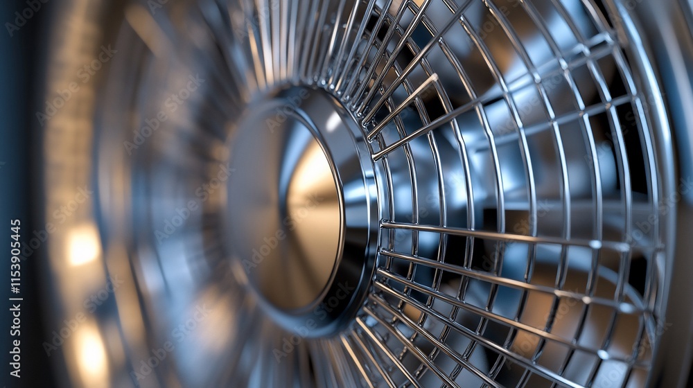 Poster close-up view of a metallic fan's grille, highlighting its design and function.