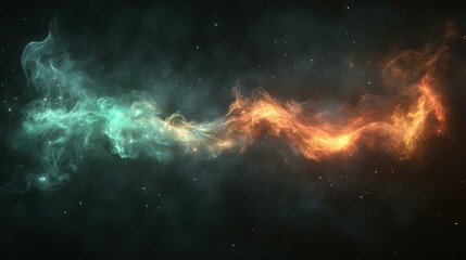 Fiery orange and icy blue nebula clouds swirling dynamically in deep space cosmos with stars, perfect for science fiction, astronomy, technology backgrounds, or cosmic-themed projects and presentatio