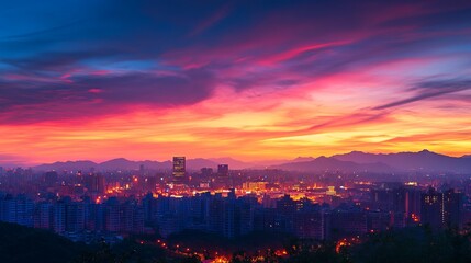Sunset View of City Skyline with Landmark Building, Mountains, and Colorful Sky in Taiwan's Capital, AI generated illustration