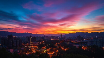 Sunset View of City Skyline with Landmark Building, Mountains, and Colorful Sky in Taiwan's Capital, AI generated illustration