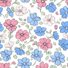 Seamless pattern for your design. Hand-drawn blue and pink cute flowers. Doodle style.