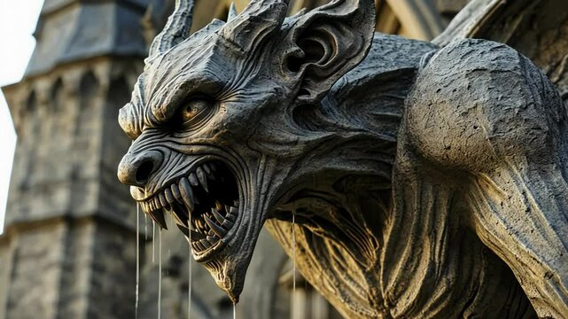 An eerie gargoyle on an old castle wall suddenly animates, revealing sharp fangs and dripping drool as it stares menacingly into the darkness.