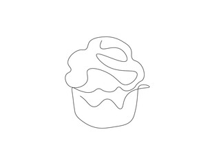 Continuous one line drawing of cup cake. One line drawing illustration of muffin cake. Pastry, bakery concept single line. Editable outline