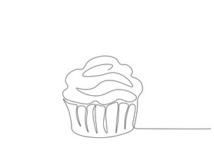 Continuous one line drawing of cup cake. One line drawing illustration of muffin cake. Pastry, bakery concept single line. Editable outline