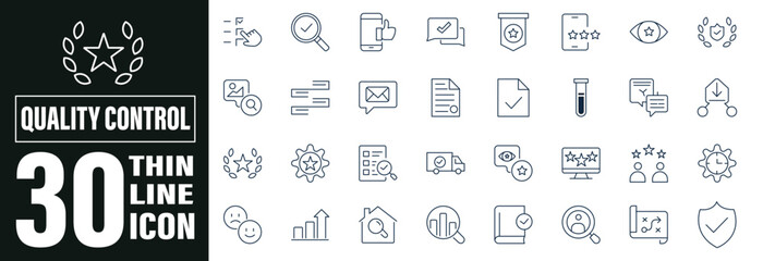 Quality control icons Set. Quality Check computing icons for web and mobile app. related to evaluation, product, quality assurance, process, testing  much more. Editable Stroke
