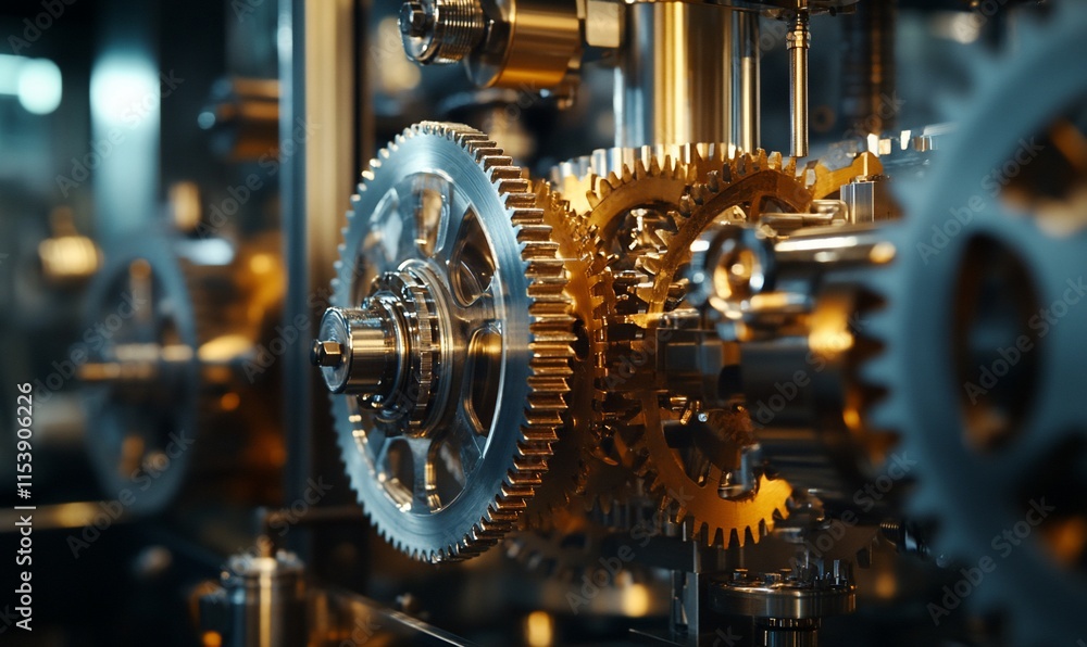 Poster close-up view of intricate metallic gears in a mechanical system.