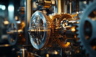 Fototapeta premium Close-up view of intricate metallic gears in a mechanical system.