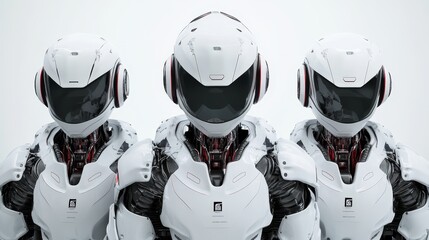 Fototapeta premium Three futuristic robots with sleek designs and headphones against a minimalist background.