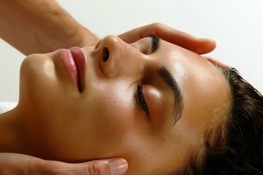 Therapist performing anti aging facial massage on young woman for rejuvenation