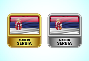 Made in Serbia label icon in gold and silver color. Flag icon set for business