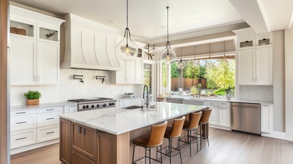 Fototapeta premium Modern Luxury Kitchen with an Island, Marble Countertop, and Garden View. AI generated illustration