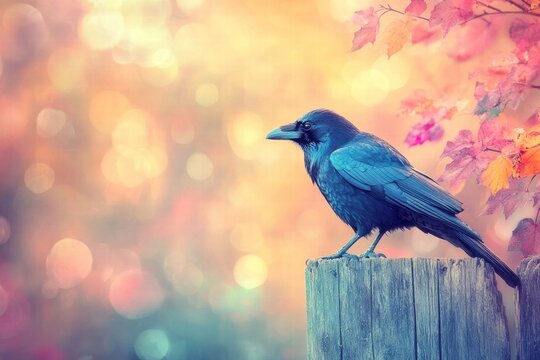Raven on Wooden Post at Sunset