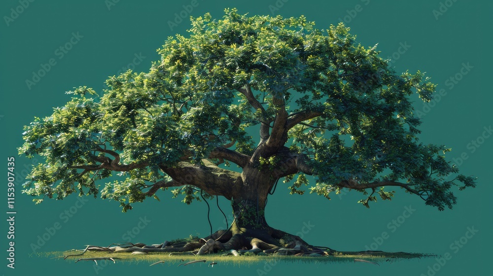 Poster a large, leafy tree with a broad canopy and visible roots against a solid background.
