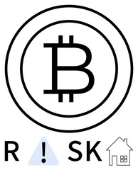 Bitcoin symbol encircled above the word RISK, incorporated with a warning sign and a house icon. Ideal for cryptocurrency, finance, investment, real estate, risk management, financial planning