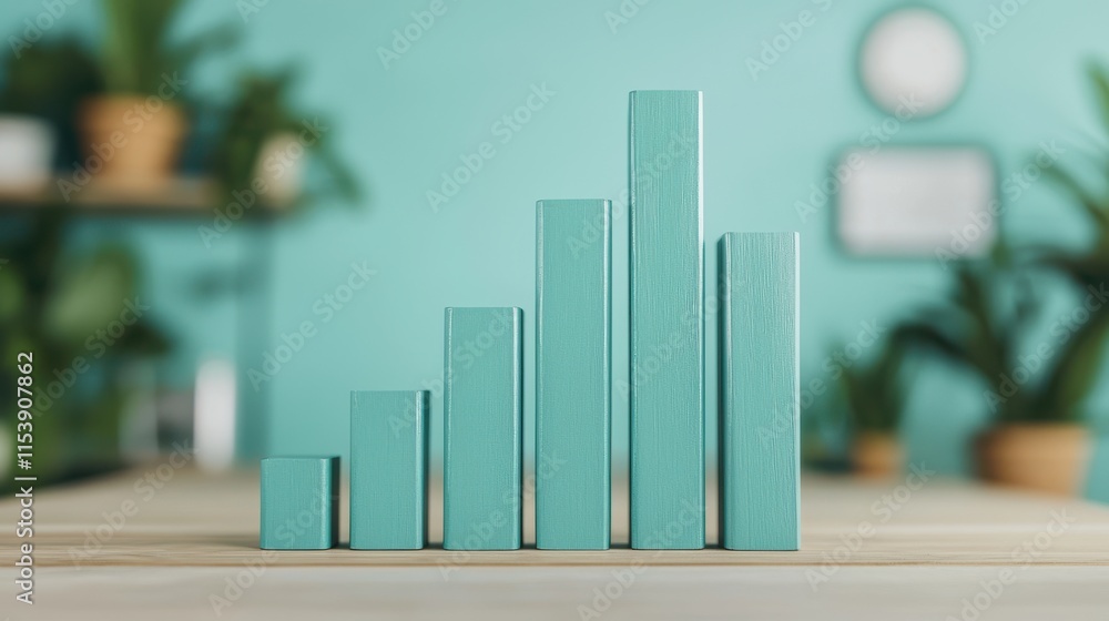 Poster a set of teal bar graphs showcasing increasing data trends against a pastel backdrop with plants in 
