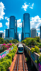 Fototapeta premium Train and urban architecture with greenery lush clear blue sky