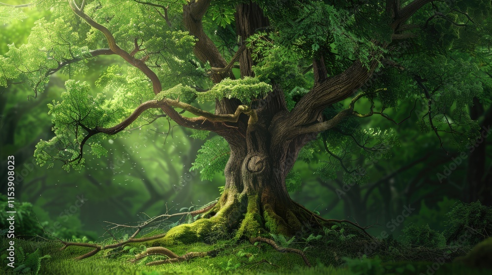 Poster a majestic tree in a lush forest, illuminated by soft sunlight, creating a serene atmosphere.