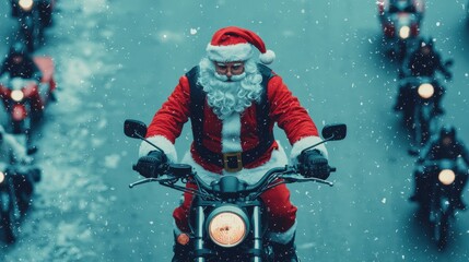 A festive Santa Claus rides a motorcycle through falling snow, surrounded by other bikers in a winter wonderland setting.