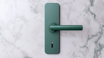 A sleek green door handle mounted on a marble background, showcasing modern design and minimalistic aesthetics.