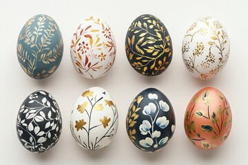 Colorful Easter Eggs with Hand-Painted Floral Patterns on a White Background, AI generated illustration