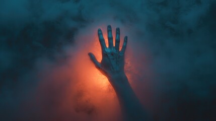 A hand reaches out through dense fog, illuminated by a soft orange glow, creating an ethereal and mysterious atmosphere.