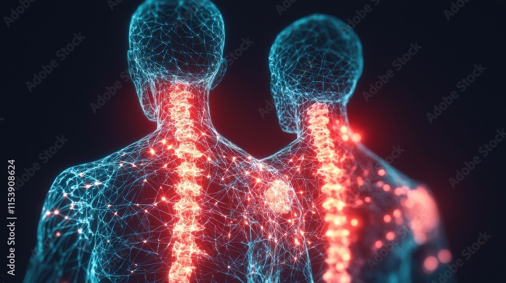 Poster two stylized human figures with glowing spinal structures, highlighting neural connections and the i