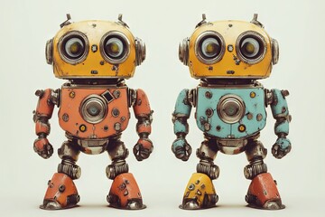 Naklejka premium Two Cute Vintage Robots Standing Side by Side on a White Background. AI generated illustration