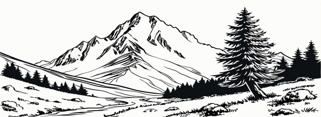 Mountain landscape, hand-drawn style, vector illustration.