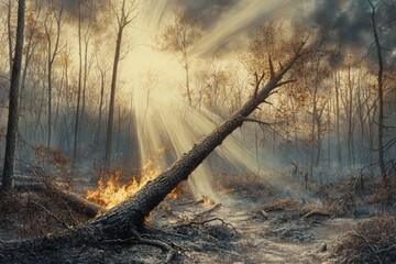 Sunbeams through Smoke in Burning Forest