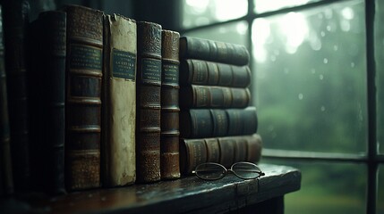 Vintage leather-bound books stacked on a wooden shelf, near a window on a rainy day.