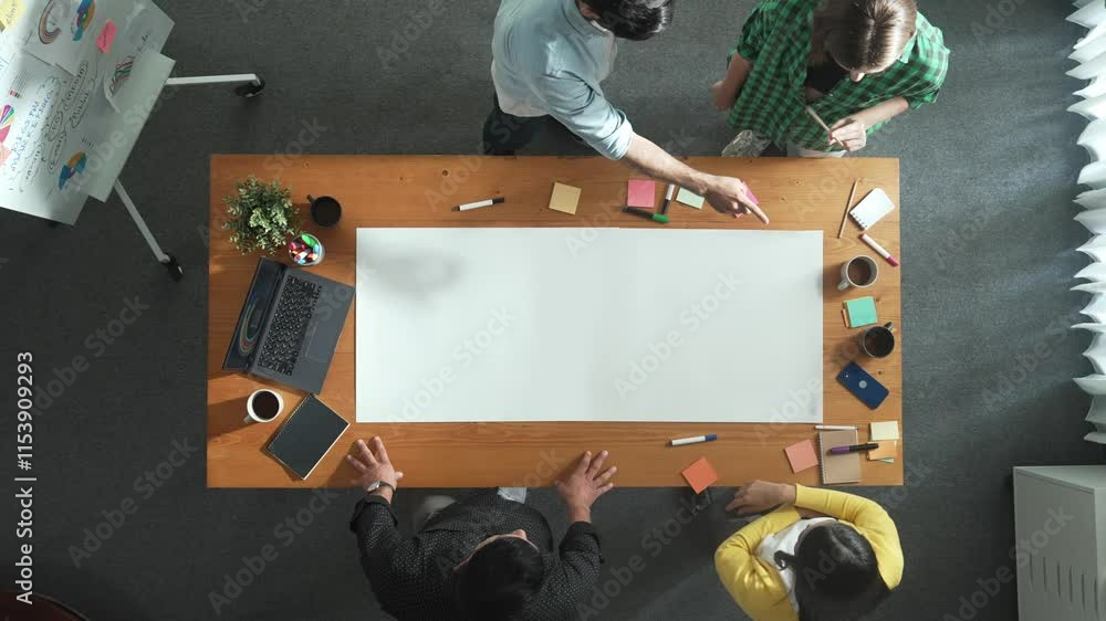Poster top view of diverse business team brainstorming marketing idea while project manager standing at whi