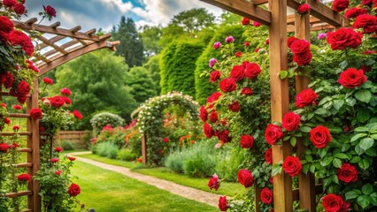 Obraz premium A lush green garden with a backdrop of red roses in full bloom, surrounded by a wooden trellis and vines, blooming