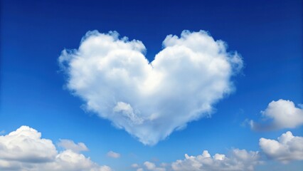 Soft and white heart-shaped cloud floats gently in a clear blue sky with a few scattered white clouds, creating a serene landscape , heart shaped cloud, serene