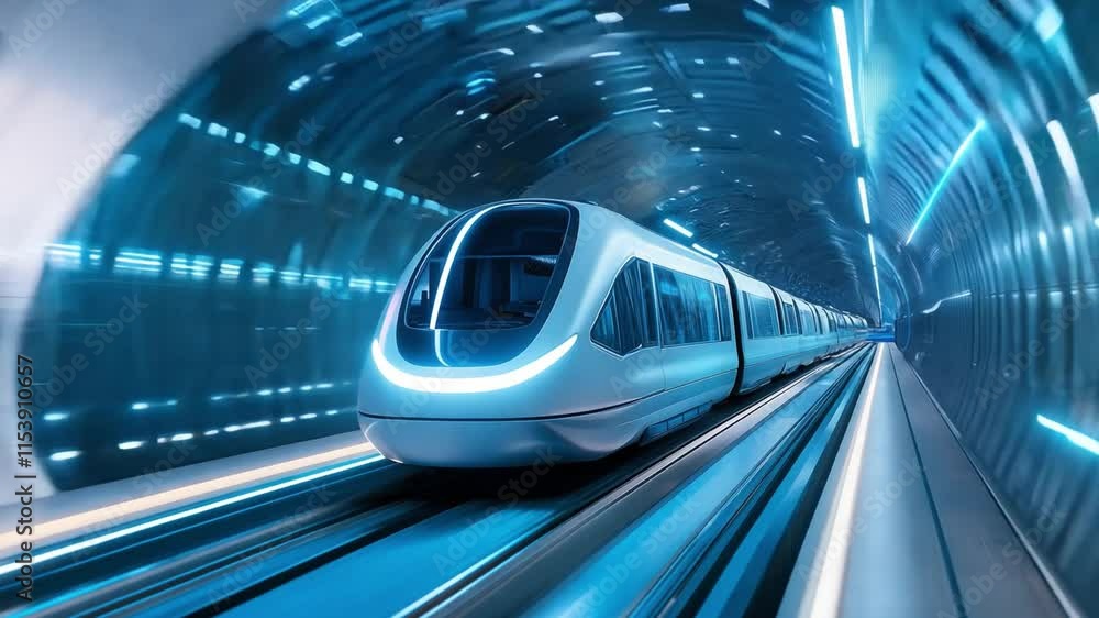 Poster a modern high speed train moves through an advanced tunnel, surrounded by glowing blue lights creati