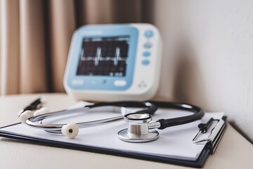 A closeup shot of a portable EKG heart rate monitor, displaying a heartbeat waveform. A stethoscope rests nearby on a surface. Medical equipment in a healthcare setting.