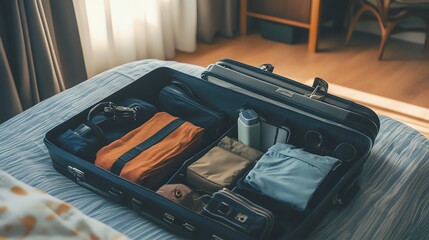 A photostock image of an open suitcase with neatly packed travel essentials for a weekend trip.--ar 16:9