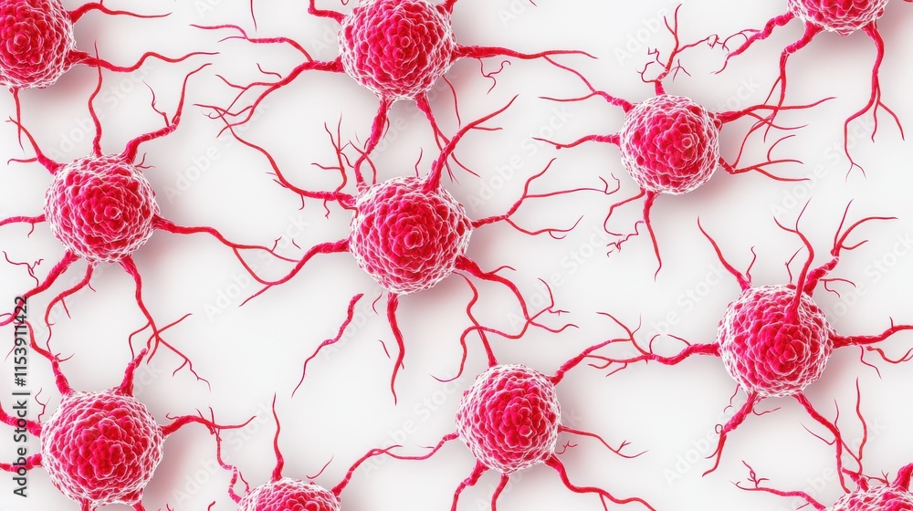 Poster abstract depiction of pink cells with branching extensions, resembling neurons, set against a white 