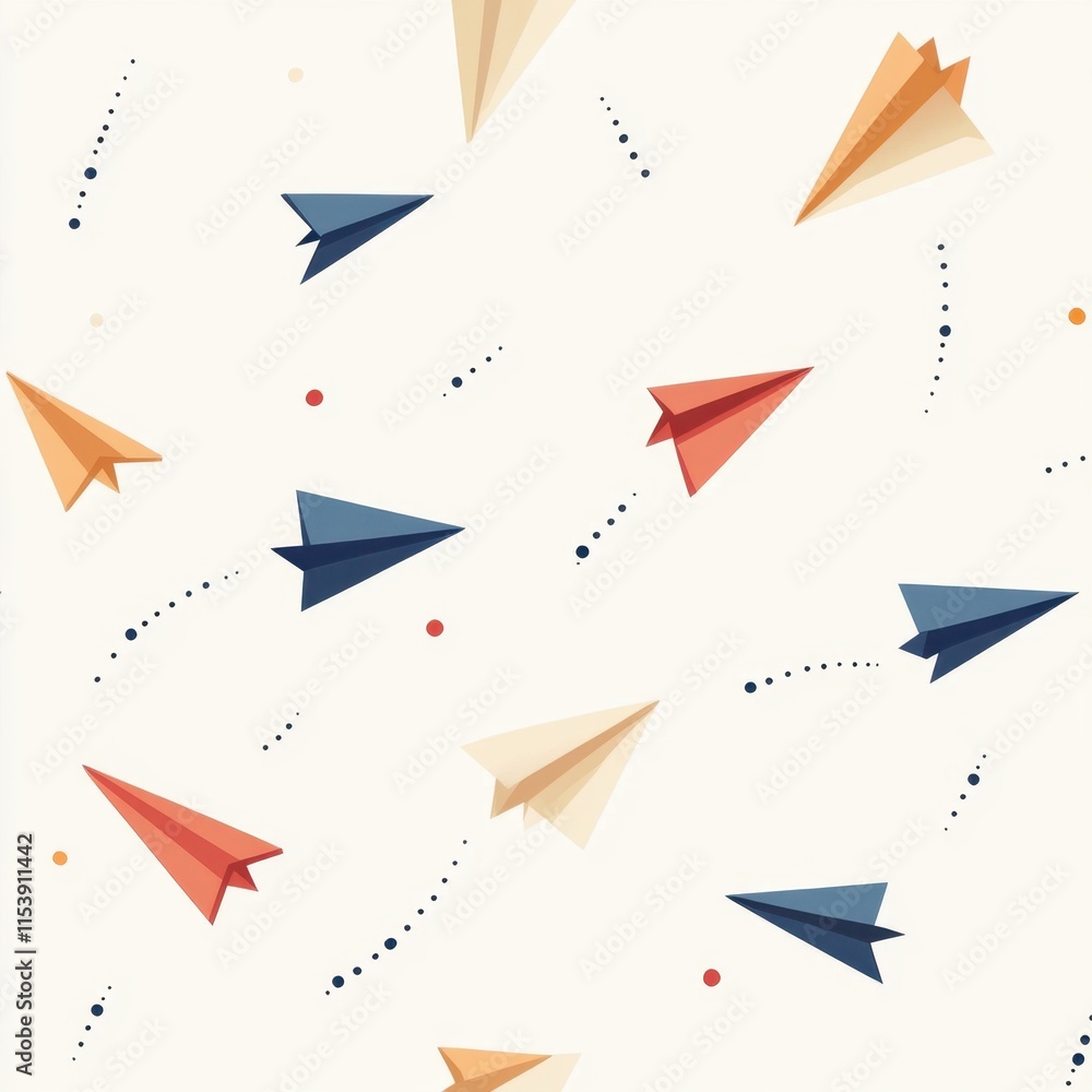 Poster a vibrant pattern of colorful paper airplanes in various orientations against a light background, su