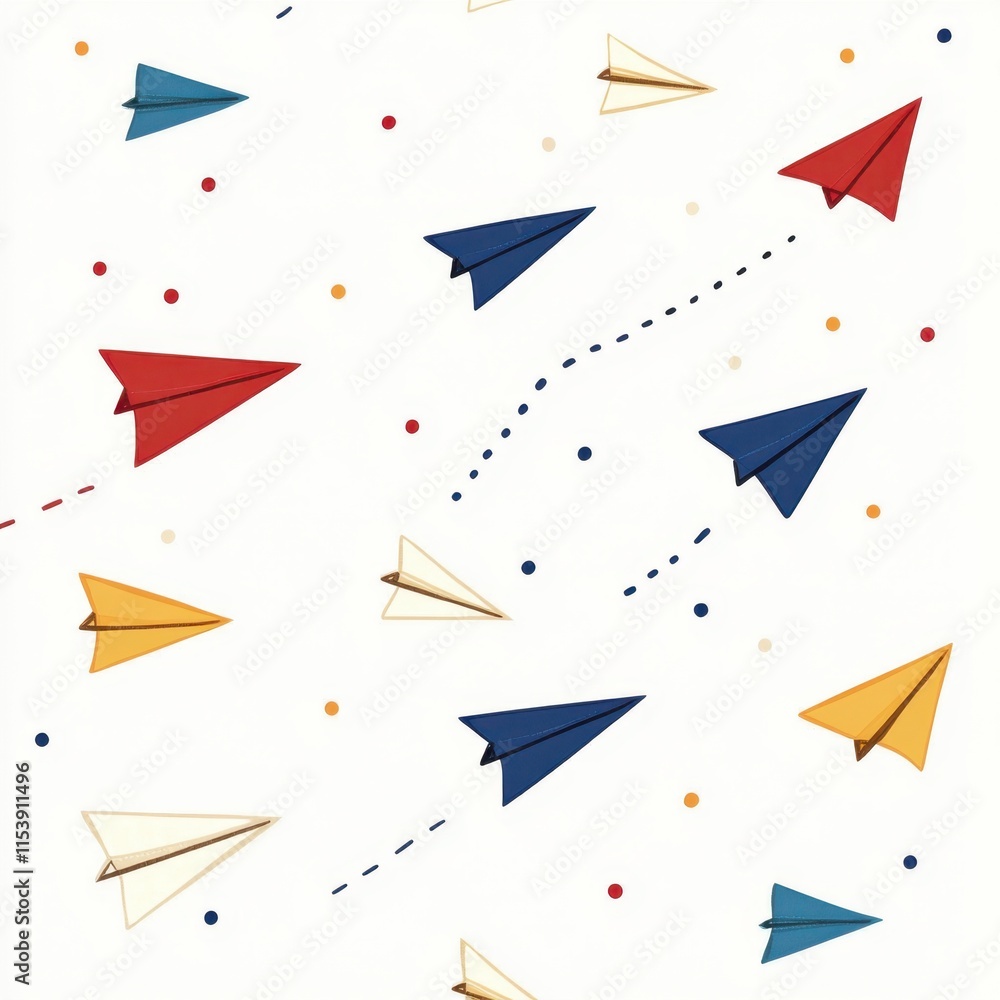 Poster a whimsical pattern featuring colorful paper airplanes in flight against a light background with sma