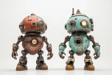 Naklejka premium Two Cute Vintage Robots Standing Side by Side on a White Background. AI generated illustration
