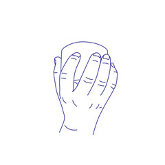 Hand holding a bowl. Contour vector illustration. Index, middle, ring, little fingers and thumb